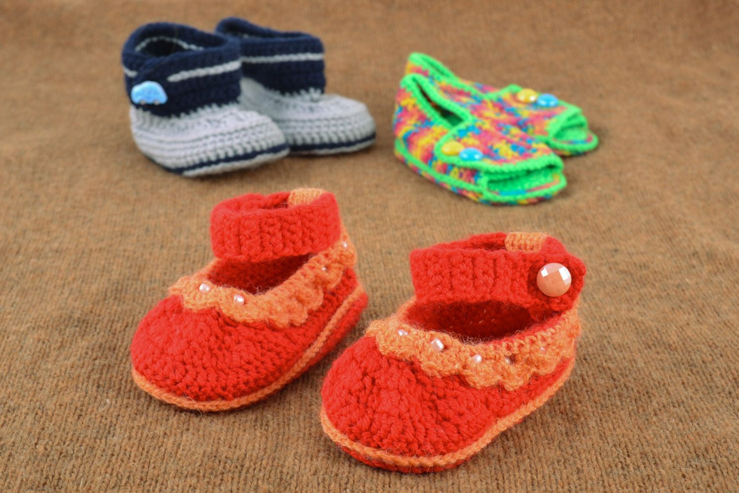 Handmade red knitted cotton baby booties in the shape of sandals  photo 1