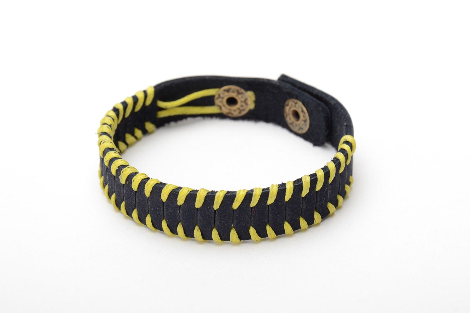 Handmade black genuine leather wrist bracelet with yellow cord and rivets photo 3