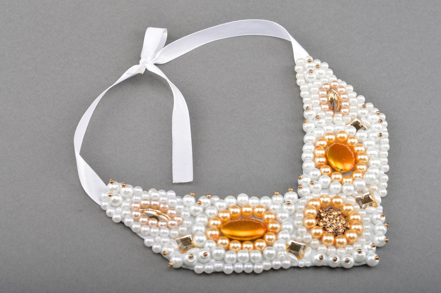 Massive handmade white bead embroidery necklace with yellow rhinestones Marylin photo 1