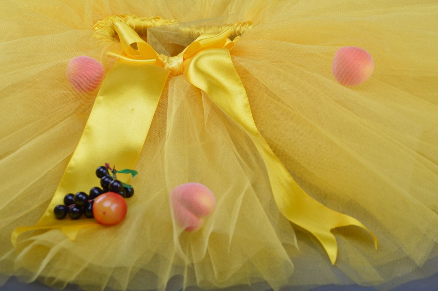 Handmade ballet tutu skirt sewn of bright yellow tulle and ribbons for children photo 4