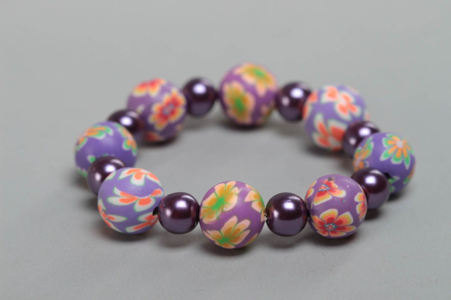 Stretchy handmade ball beads with flowers painting bracelet for girl photo 3