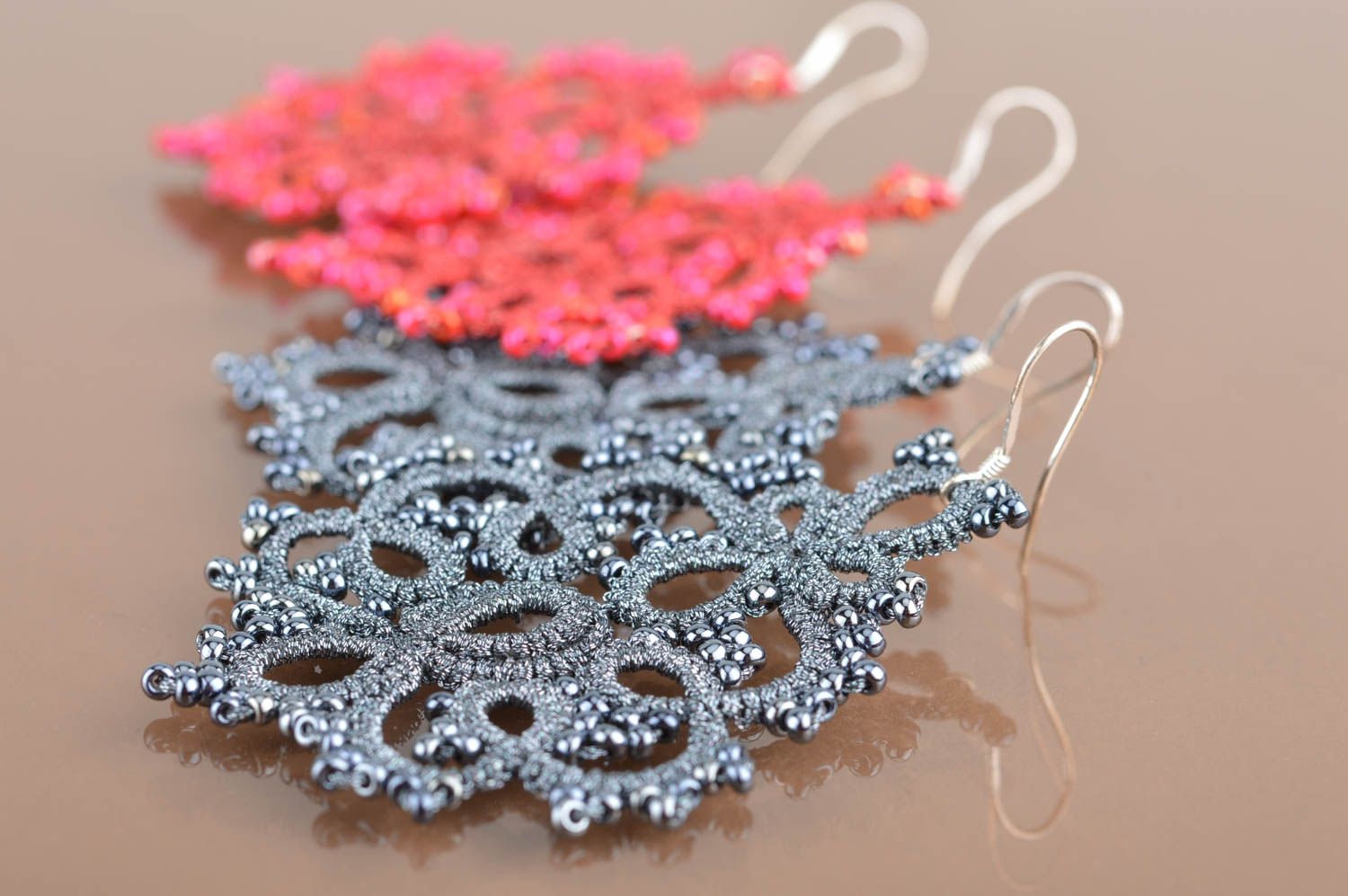 Set of handmade designer tatted lace earrings with beads 2 pairs for girls photo 5