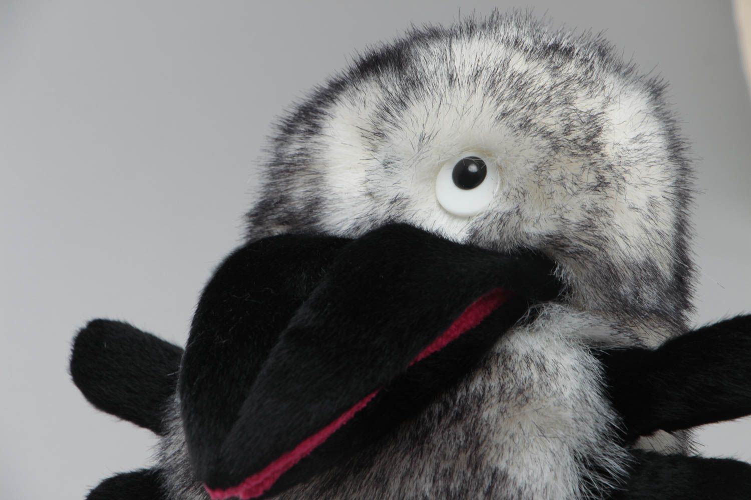 Handmade soft glove toy sewn of gray faux fur Crow for home puppet theater photo 3