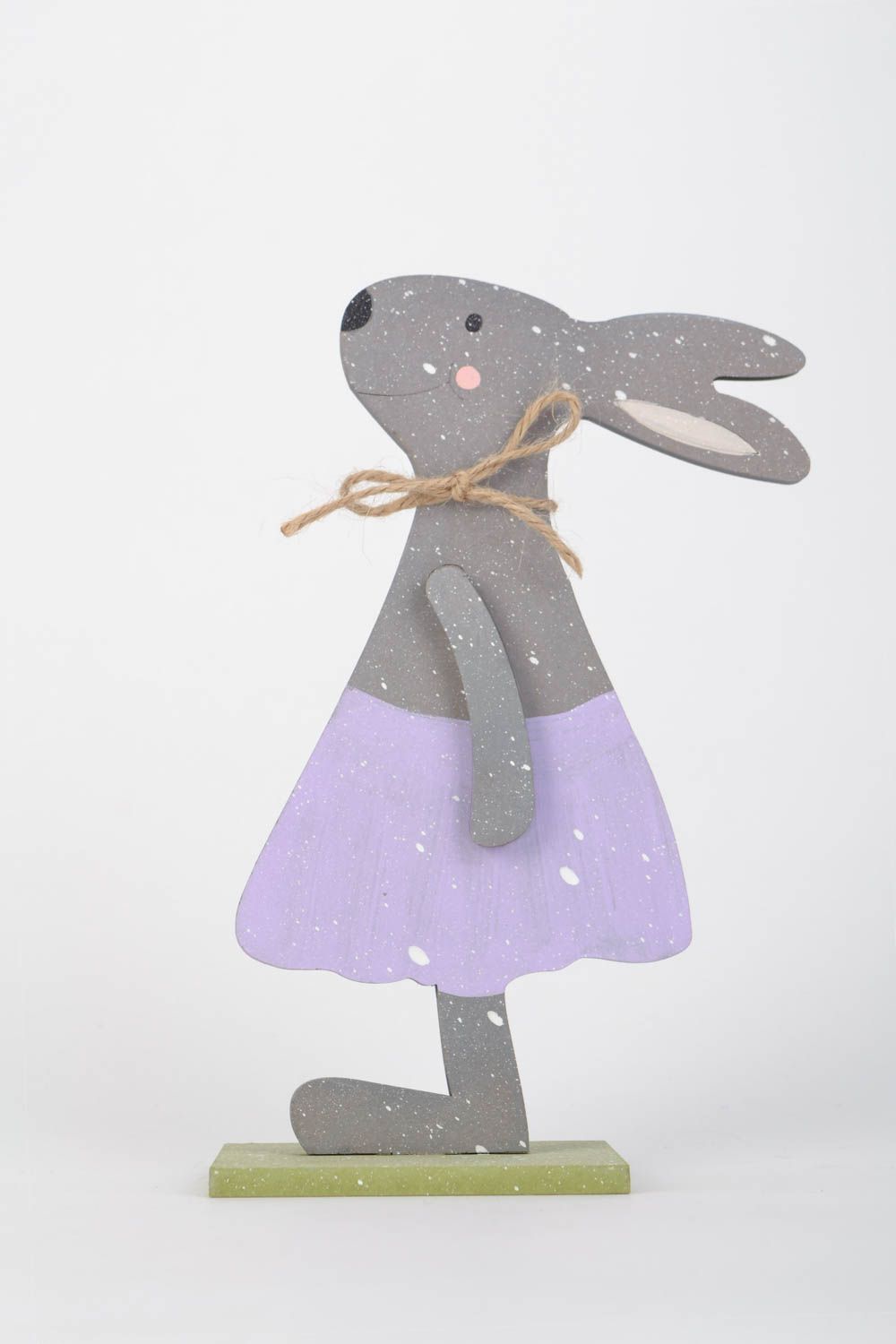 Handmade small plywood toy of gray rabbit in skirt painted with acrylics photo 1