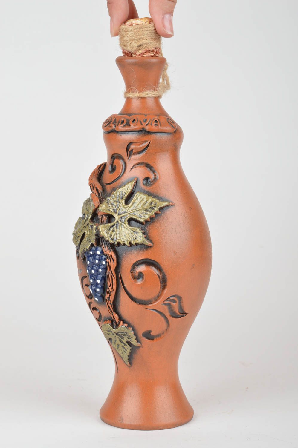 Keramische Flasche aus Ton mit Glasur bemalt schön grell handgeschaffen 1 L  foto 3