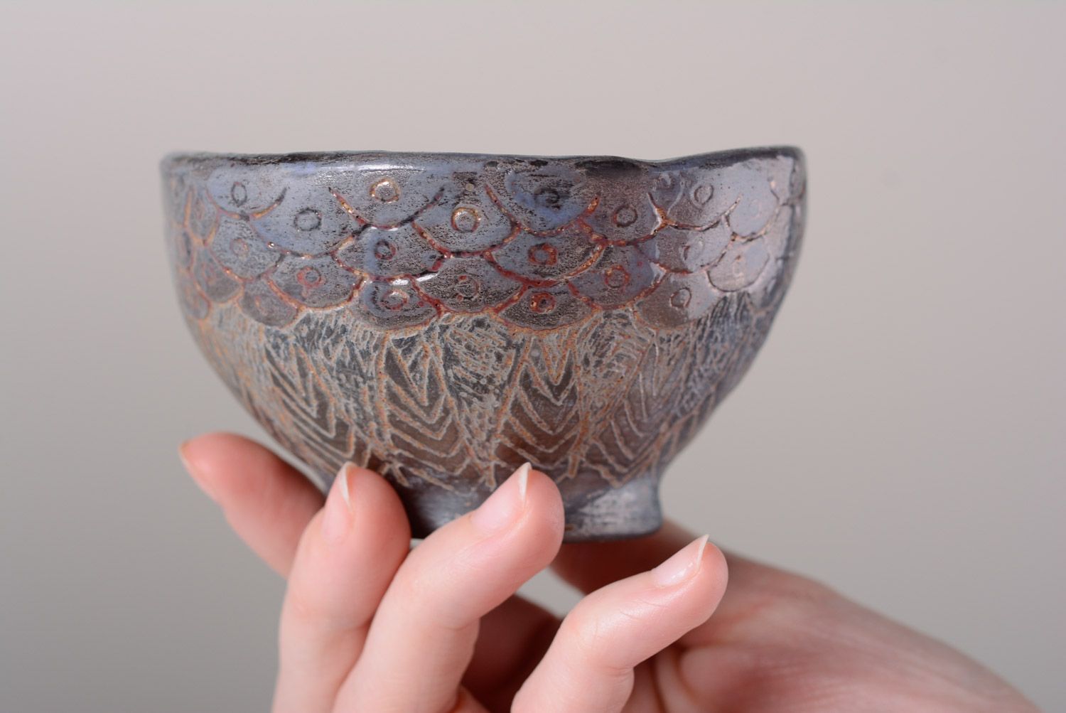 Beautiful patterned handmade deep clay bowl kilned on firewood photo 2