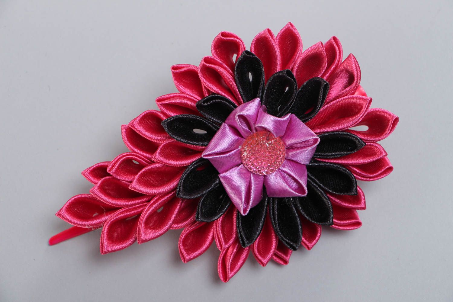 Large women's bright handmade satin ribbon flower hair clip photo 2