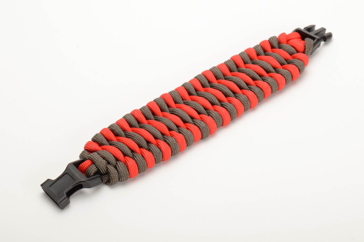 Red and gray handmade unusual woven paracord bracelet with fastener photo 4