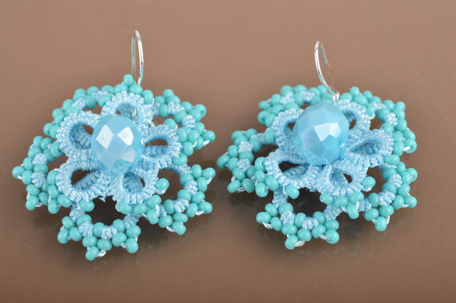 Beautiful unusual handmade tatting lace earrings with Czech beads Snowflakes photo 2