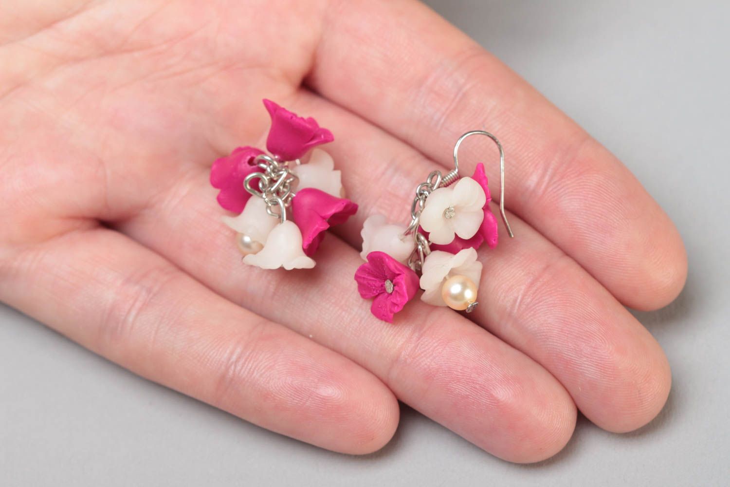 Handmade designer polymer clay floral dangling earrings in pink and milk colors photo 5