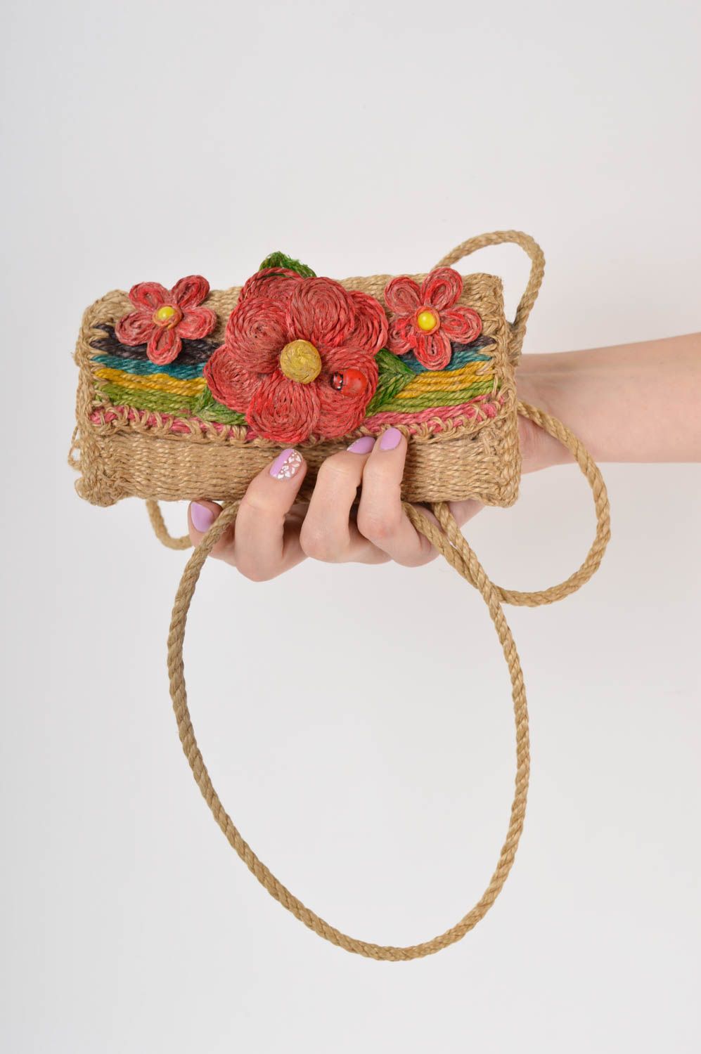 Сумка ручной работы сумочка плетеная из шпагата женская сумка с цветами фото 5