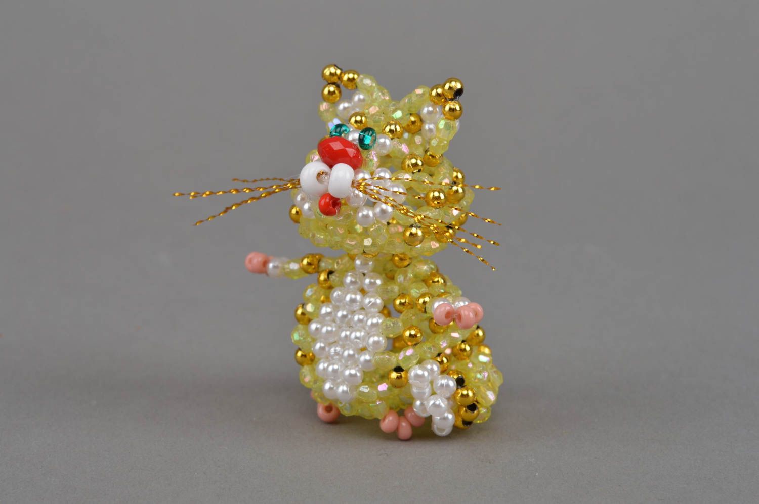 Joli chat en perles de rocaille figurine décorative faite main jaune blanc photo 2
