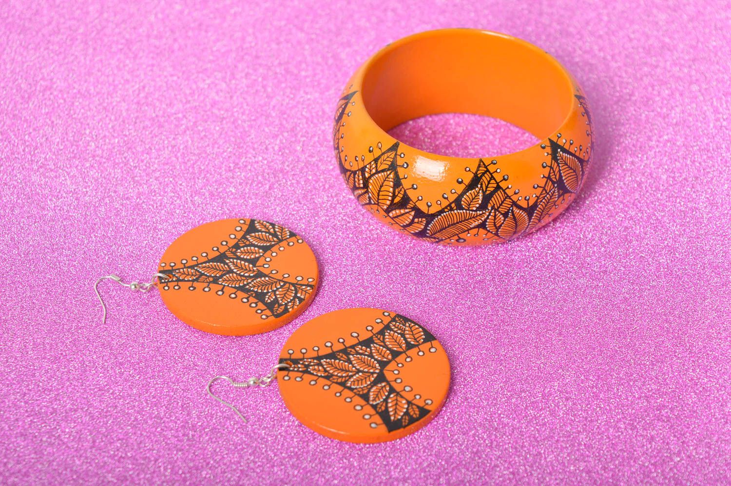 Grelles orange Schmuck Set handmade aus Holz Damen Ohrringe Schmuck Armband  foto 1