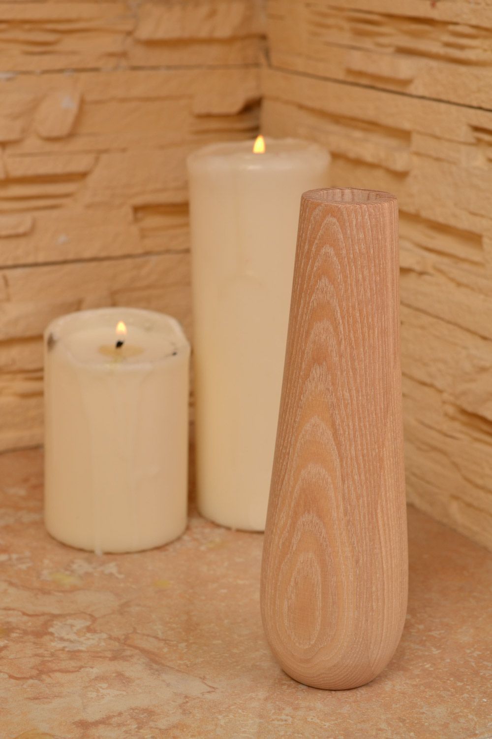 Handmade thin maple wood candlestick for one candle for interior decoration photo 1