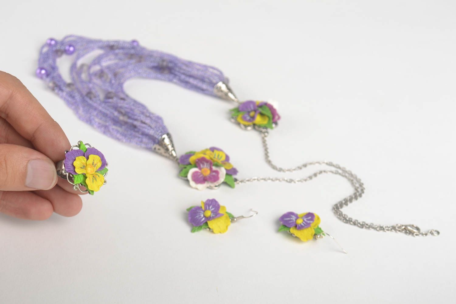 Handmade Damen Schmuck Set Blumen Ohrringe Collier Halskette und Ring mit Blumen foto 5