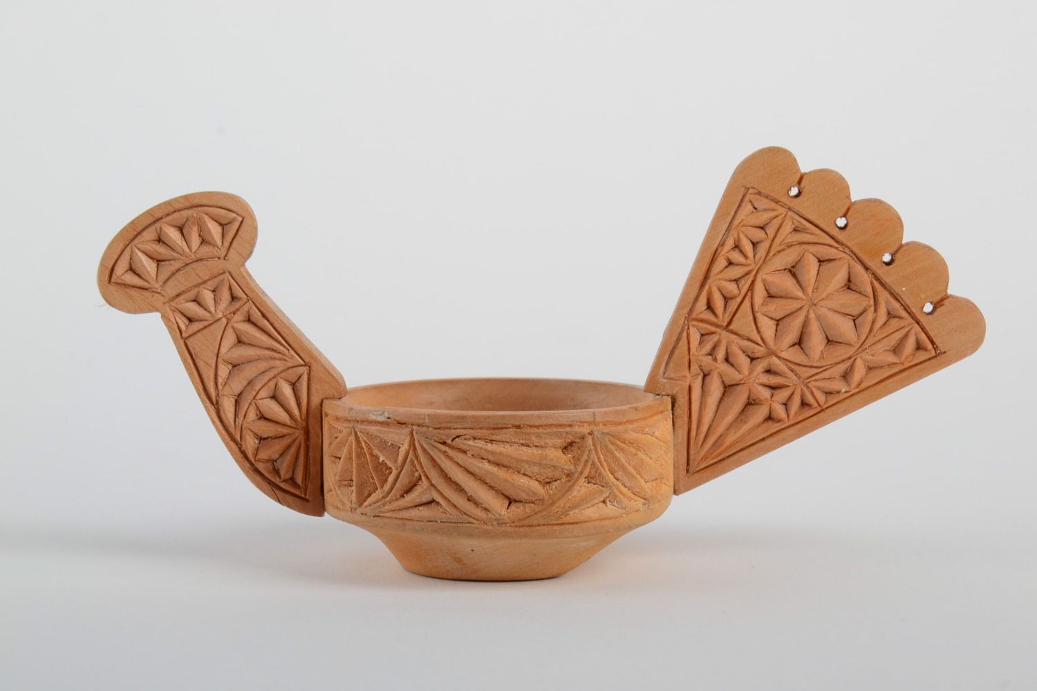 Small handmade varnished carved wooden salt cellar in Slavic style Bird photo 2