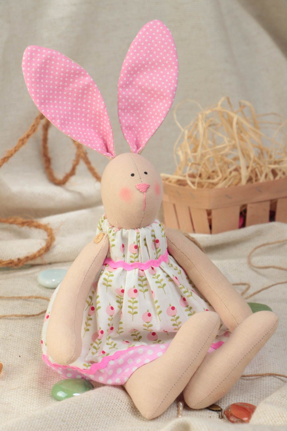 Handmade cotton fabric soft toy rabbit in floral dress with pink polka dot ears photo 1