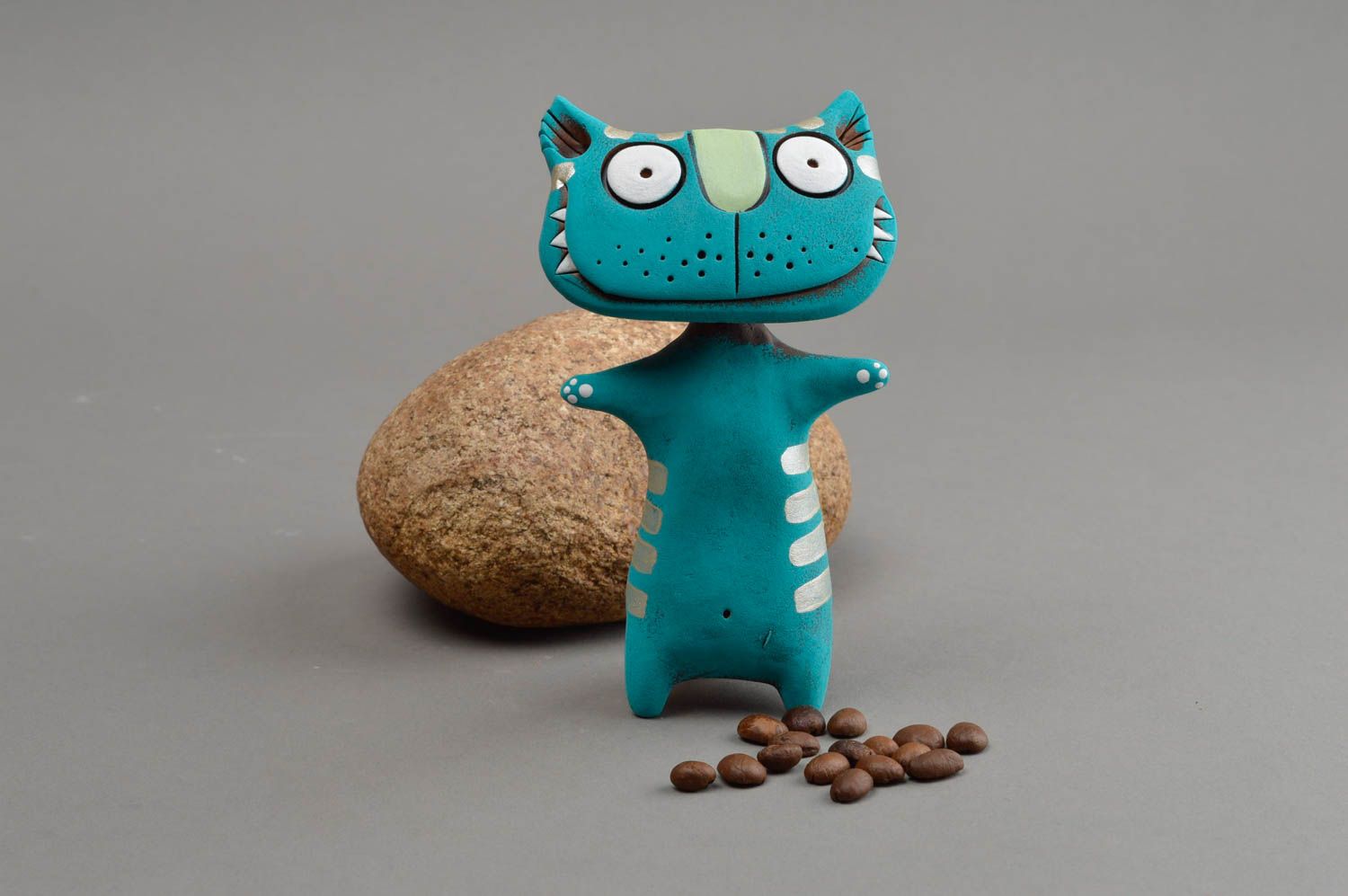 Keramische Statuette Katze gestreift schön grell handgemacht für Interieur toll foto 1