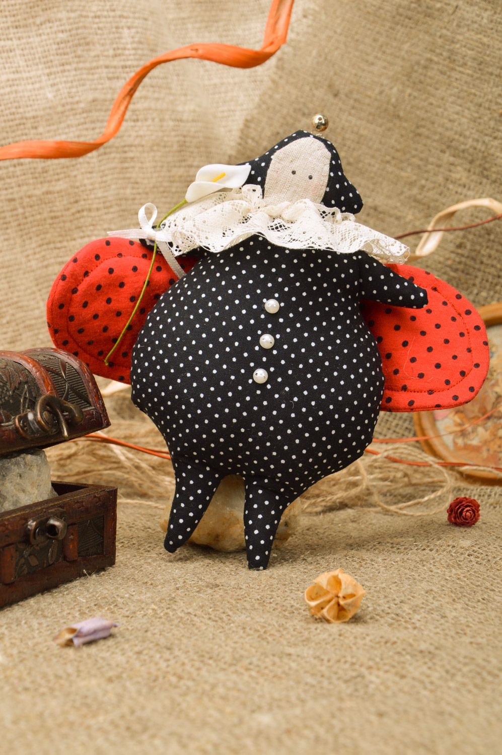 Handmade designer soft toy sewn of cotton Ladybug for interior and children photo 1