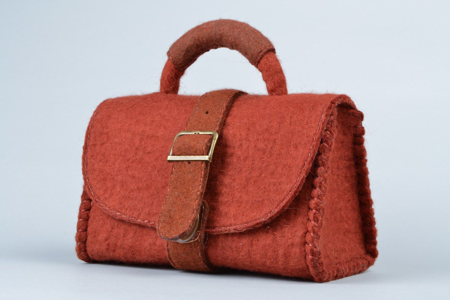 Handmade small satchel bag of brown color felted of wool for women photo 2