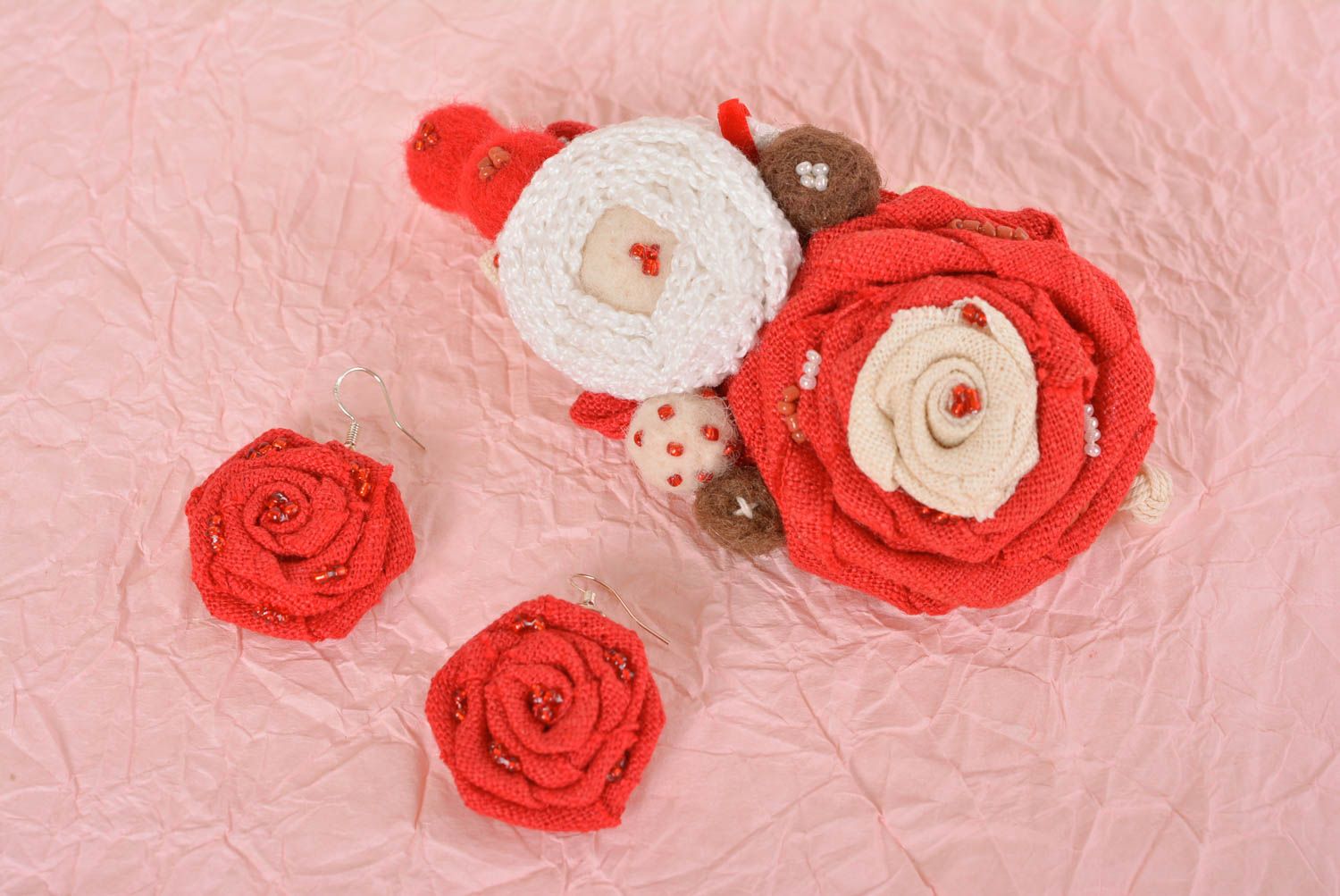 Schmuck Set handmade Schmuck runde Ohrringe und Haarband mit Blumen rot foto 1