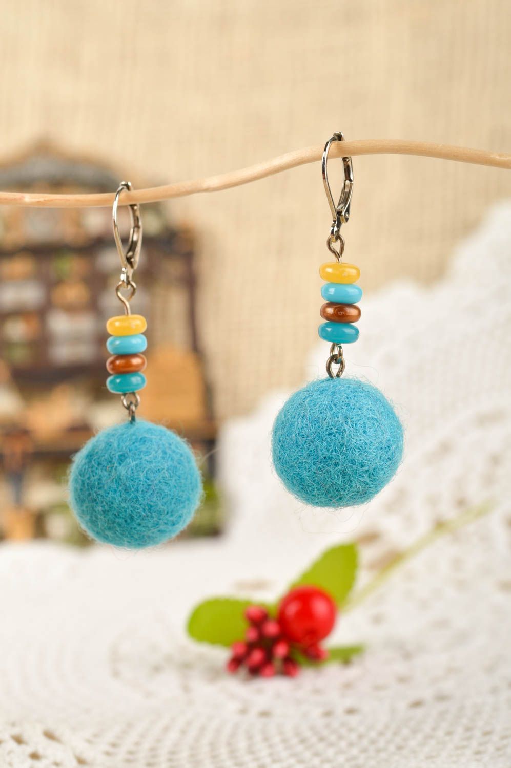 Handmade earrings wool felt ball earrings designer accessories gifts for women photo 1