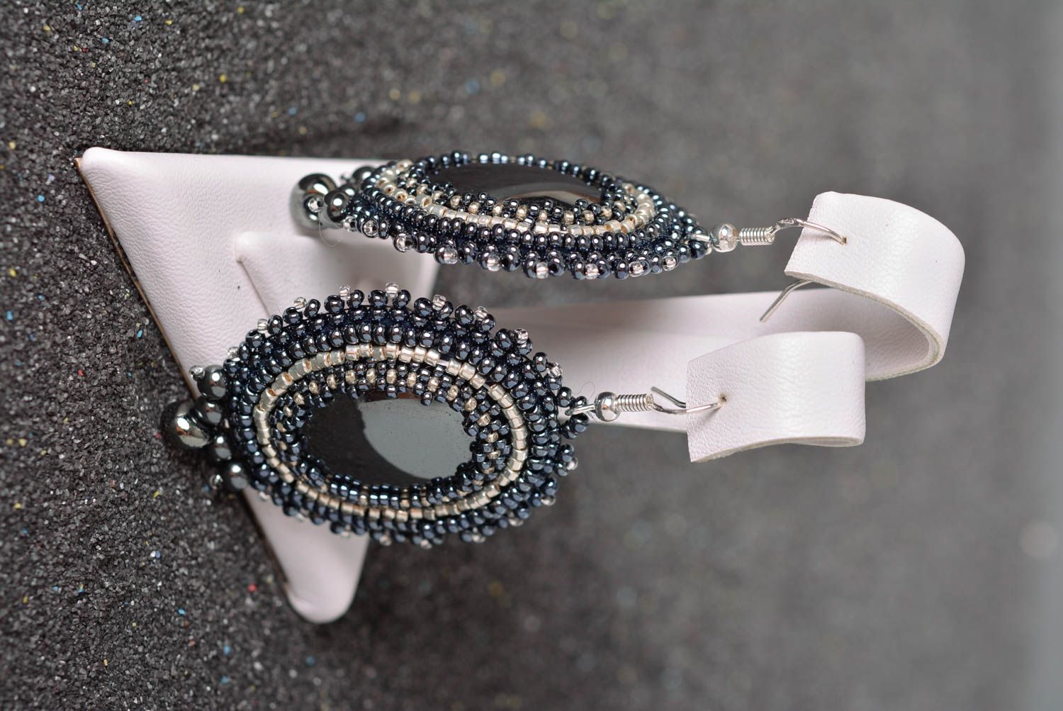 Handmade long earrings made of beads women accessories hematite earrings  photo 2