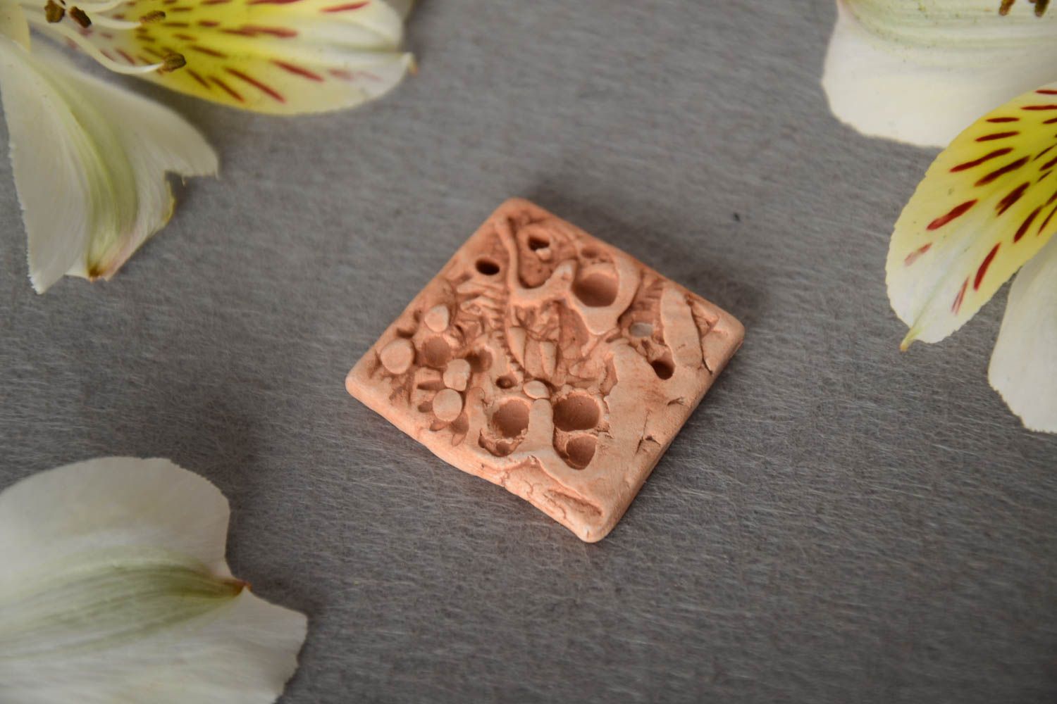 Square handmade textured small flat ceramic blank pendant for jewelry making photo 1