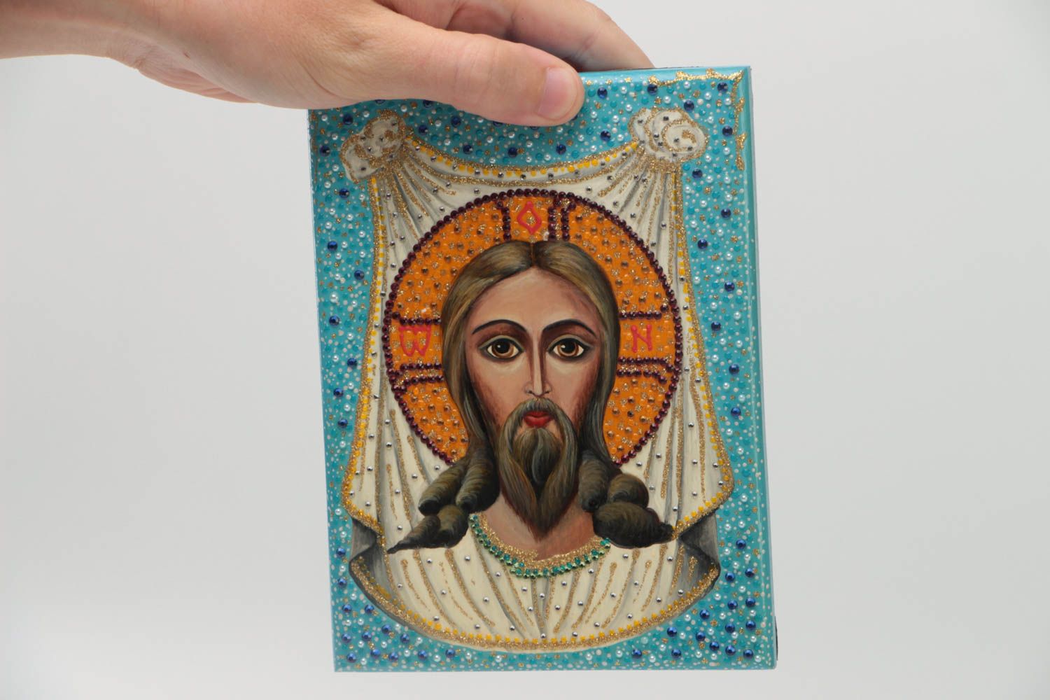 Православная икона из дерева расписанная гуашью ручной работы Спас Нерукотворный фото 5
