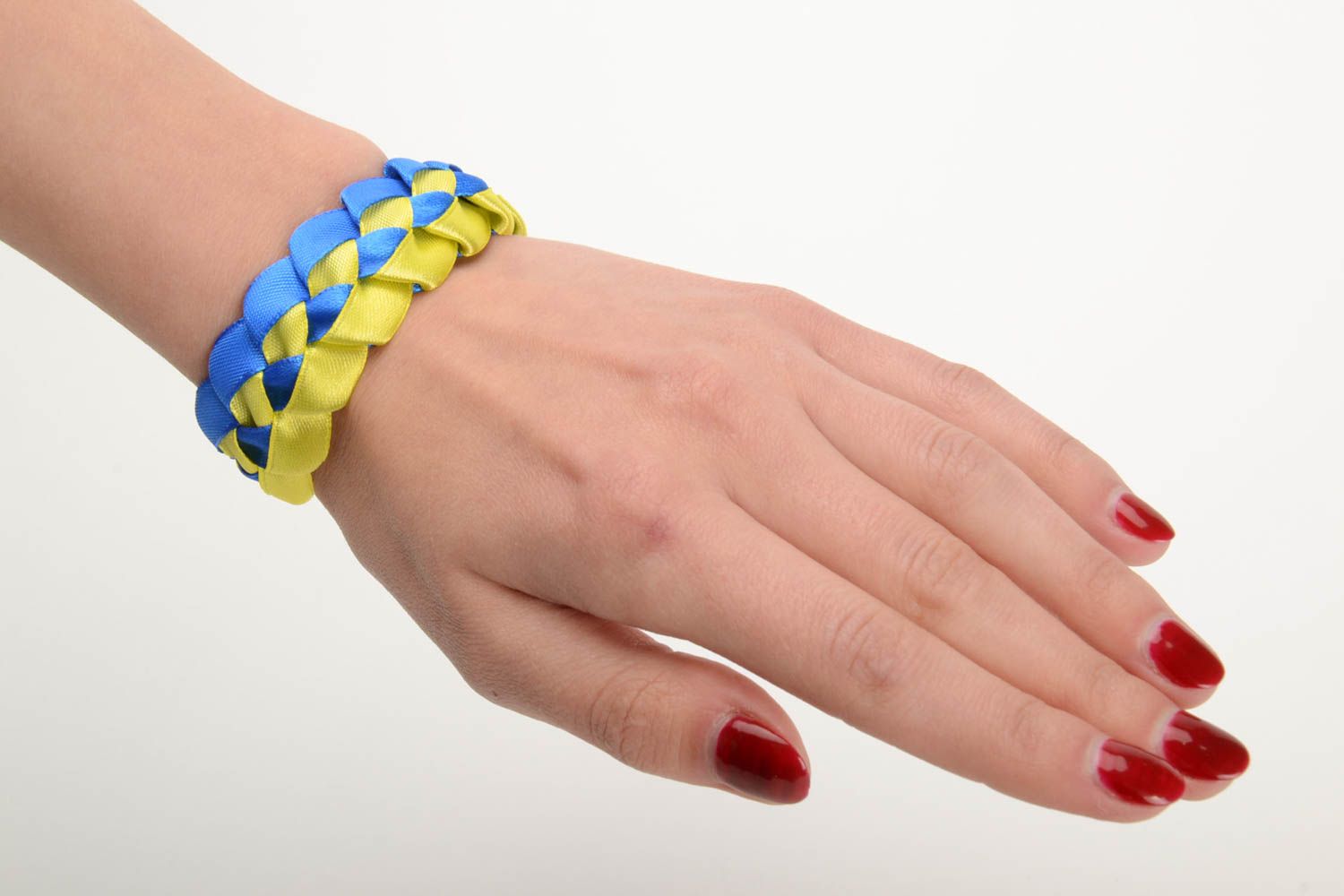 Handmade bright wrist bracelet woven of yellow and blue satin ribbons photo 5