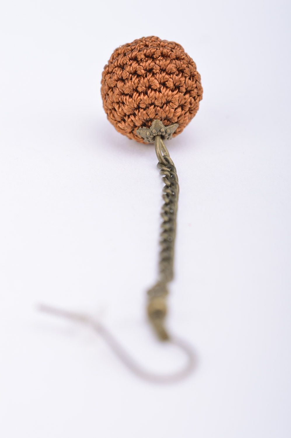 Unusual women's handmade brown earrings with crochet over beads photo 3
