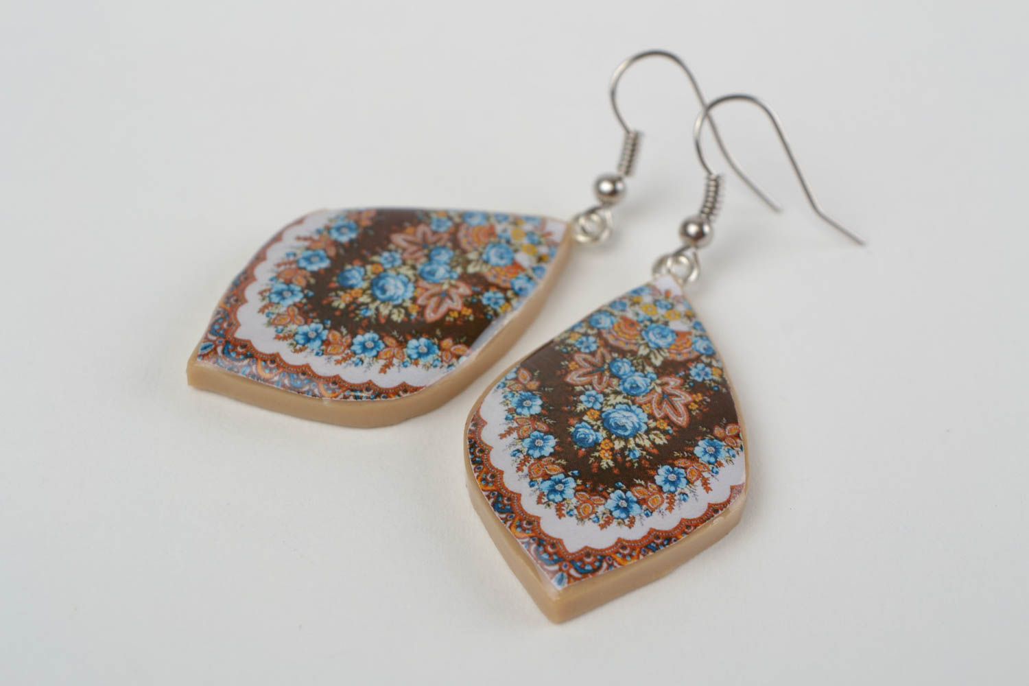 Handmade stylish polymer clay oval earrings with decoupage Landscape photo 5