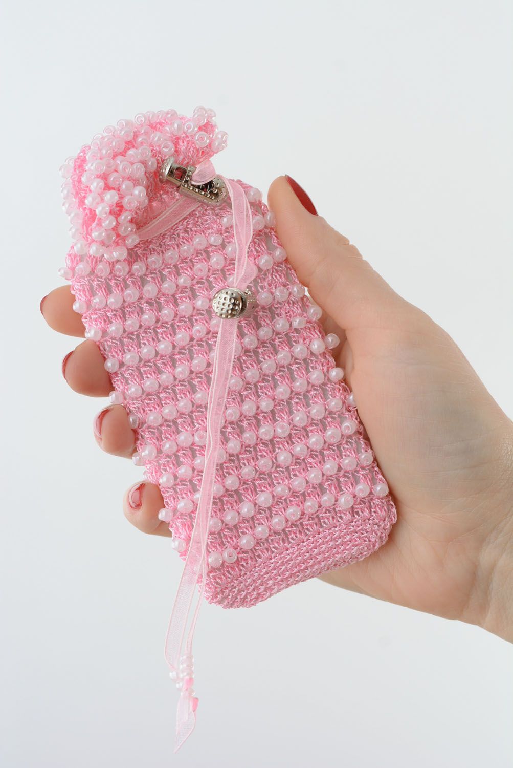 Housse pour téléphone tricotée en perles de rocaille tchèques rose faite main photo 5