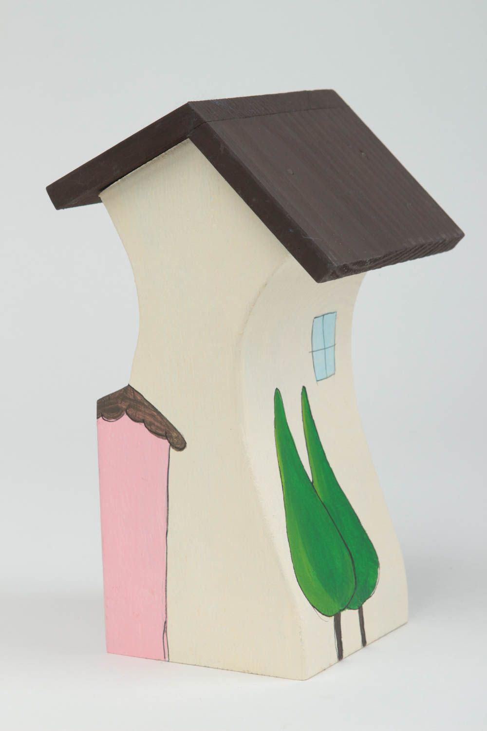 Maisonnette en bois fait main Petite statuette blanche rose Déco intérieur  photo 3