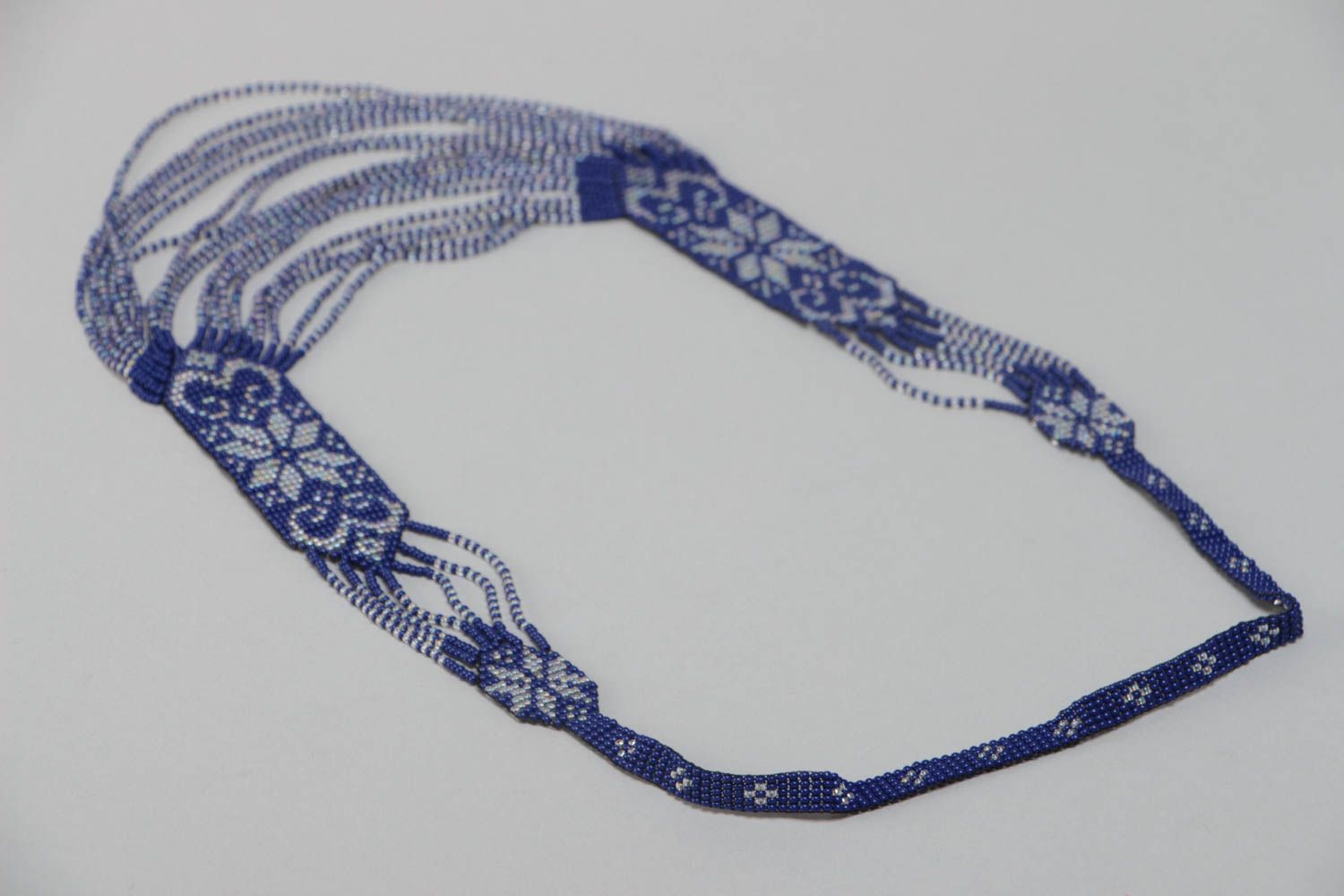 Синий гердан из бисера чешского ручной работы в этно стиле с орнаментом фото 4