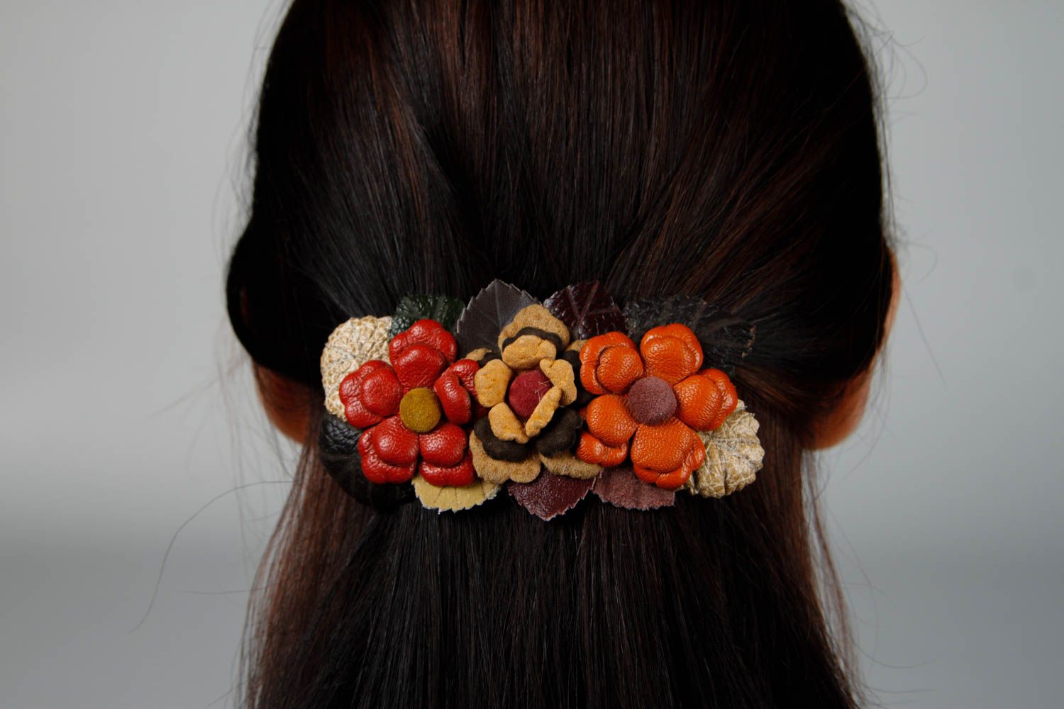 Handmade Haarspange Leder festlicher Haarschmuck Blumen Haarspange groß foto 2