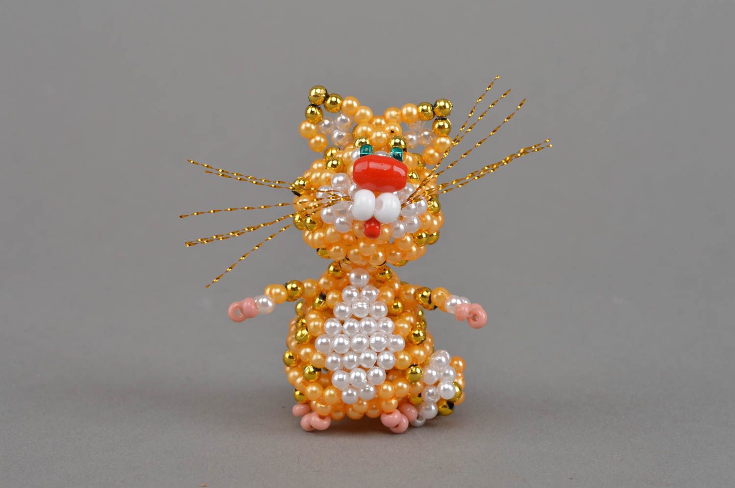 Funny miniature handmade designer beaded animal figurine of yellow kitten photo 3