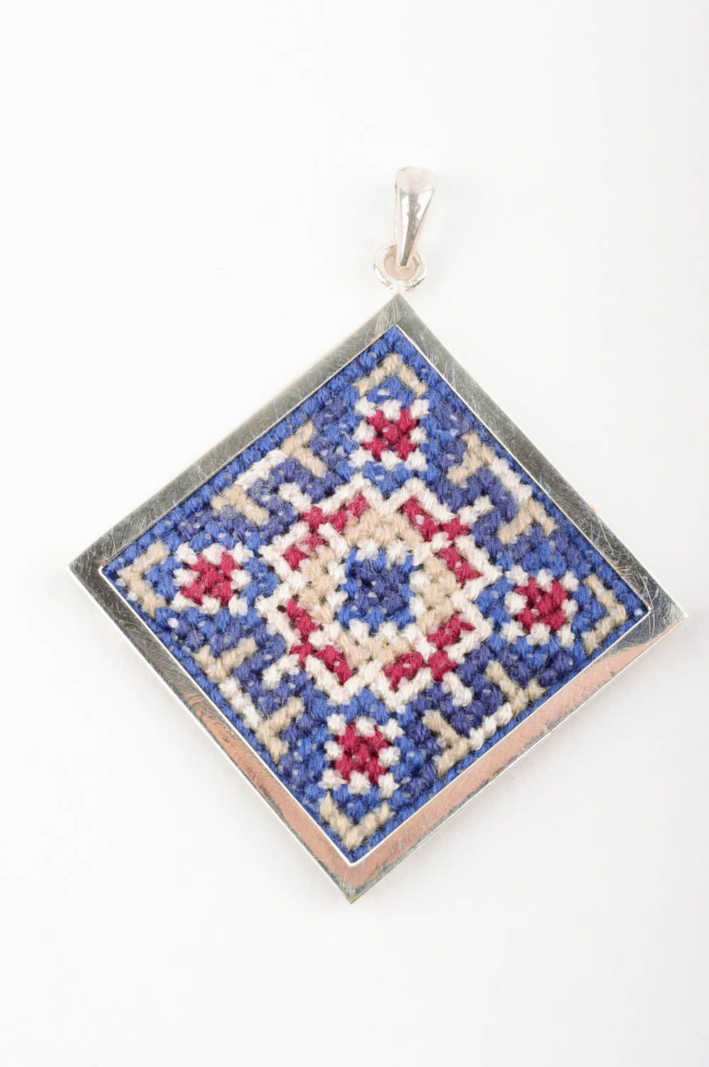 Handmade silver pendant ethnic embroidered accessory embroidered jewelry photo 1