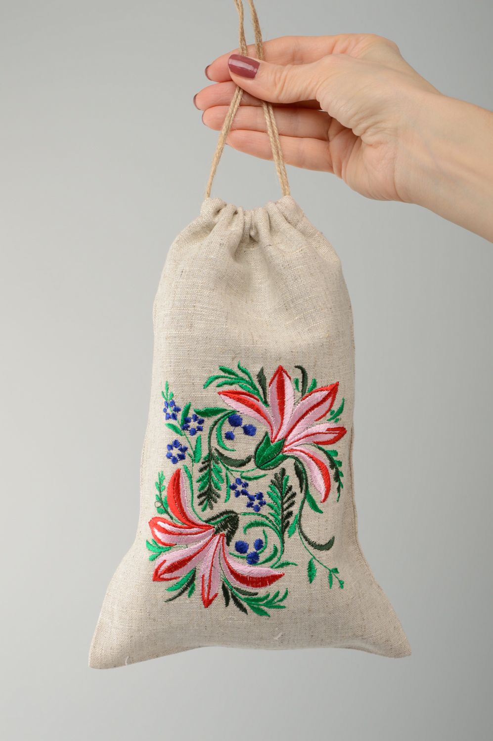 Linen fabric gift bag with embroidery photo 5