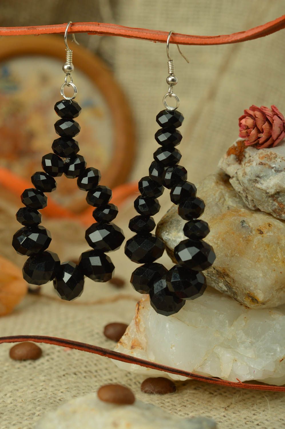 Handmade drop shaped dangle long black beaded earrings crystal designer evening photo 1