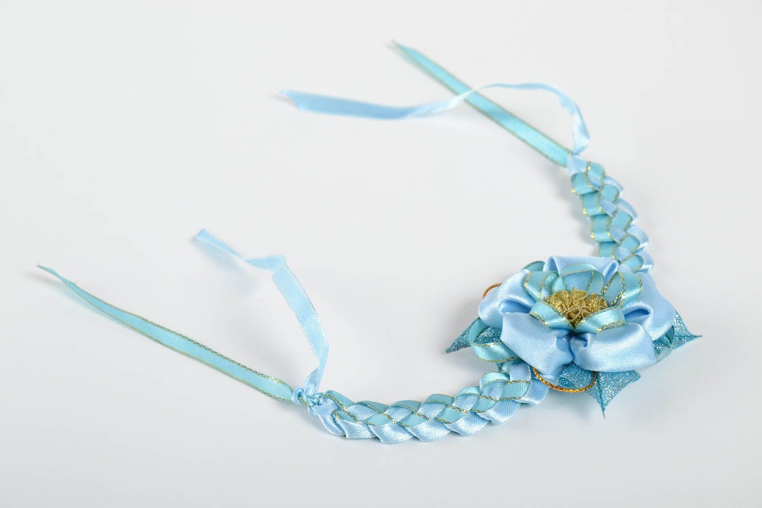 Corsage de poignet Bracelet fait main fleur bleu rubans Accessoire mariage photo 3