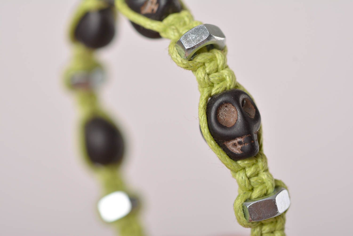 Handmade black skull color beads on light green cord bracelet with female screws photo 5
