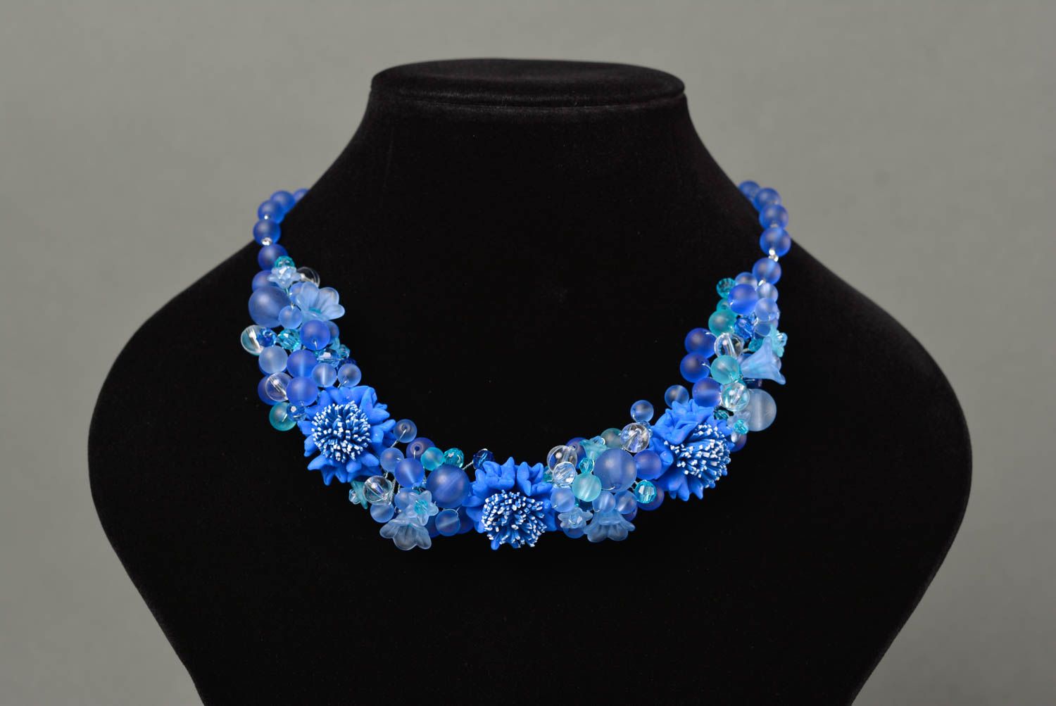 Handmade designer deep blue polymer clay necklace with plastic and glass beads photo 2