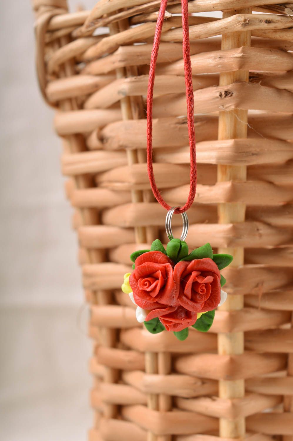 Handmade small floral cold porcelain pendant necklace red roses on cord photo 1