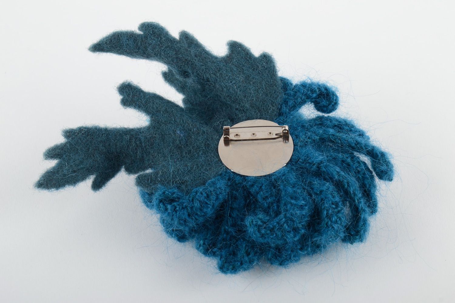 Unusual handmade knitted flower brooch of turquoise color photo 4