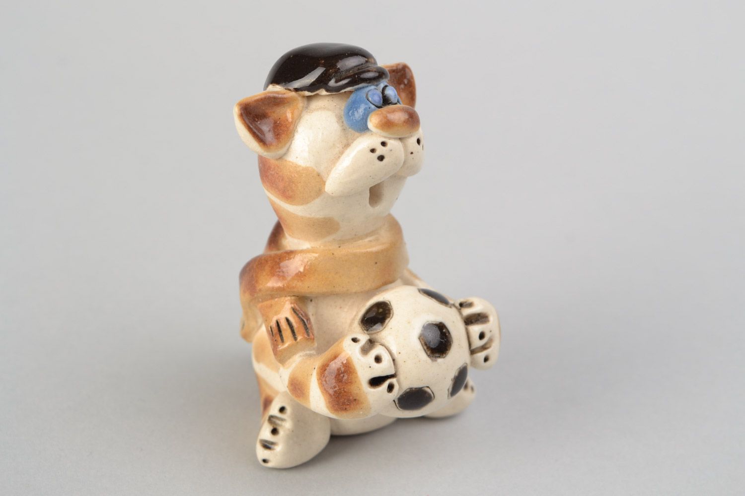 Handmade decorative clay cat figurine with a soccer ball little funny cute statuette photo 1