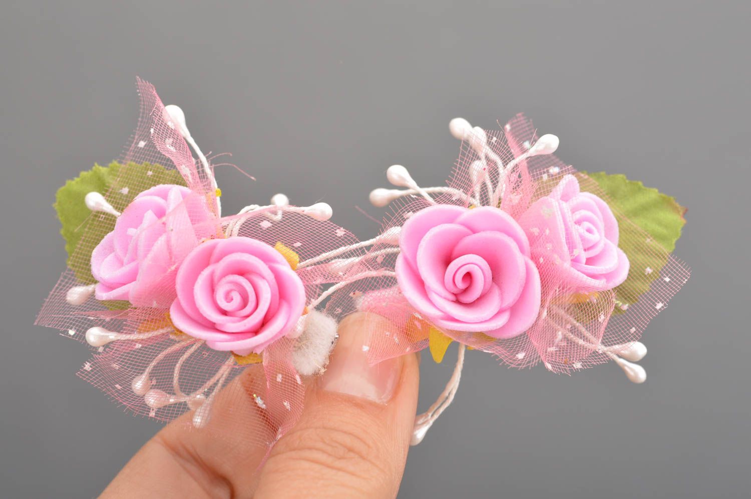 Pink handmade hair clips for kids made of artificial flowers set of 2 pieces photo 3