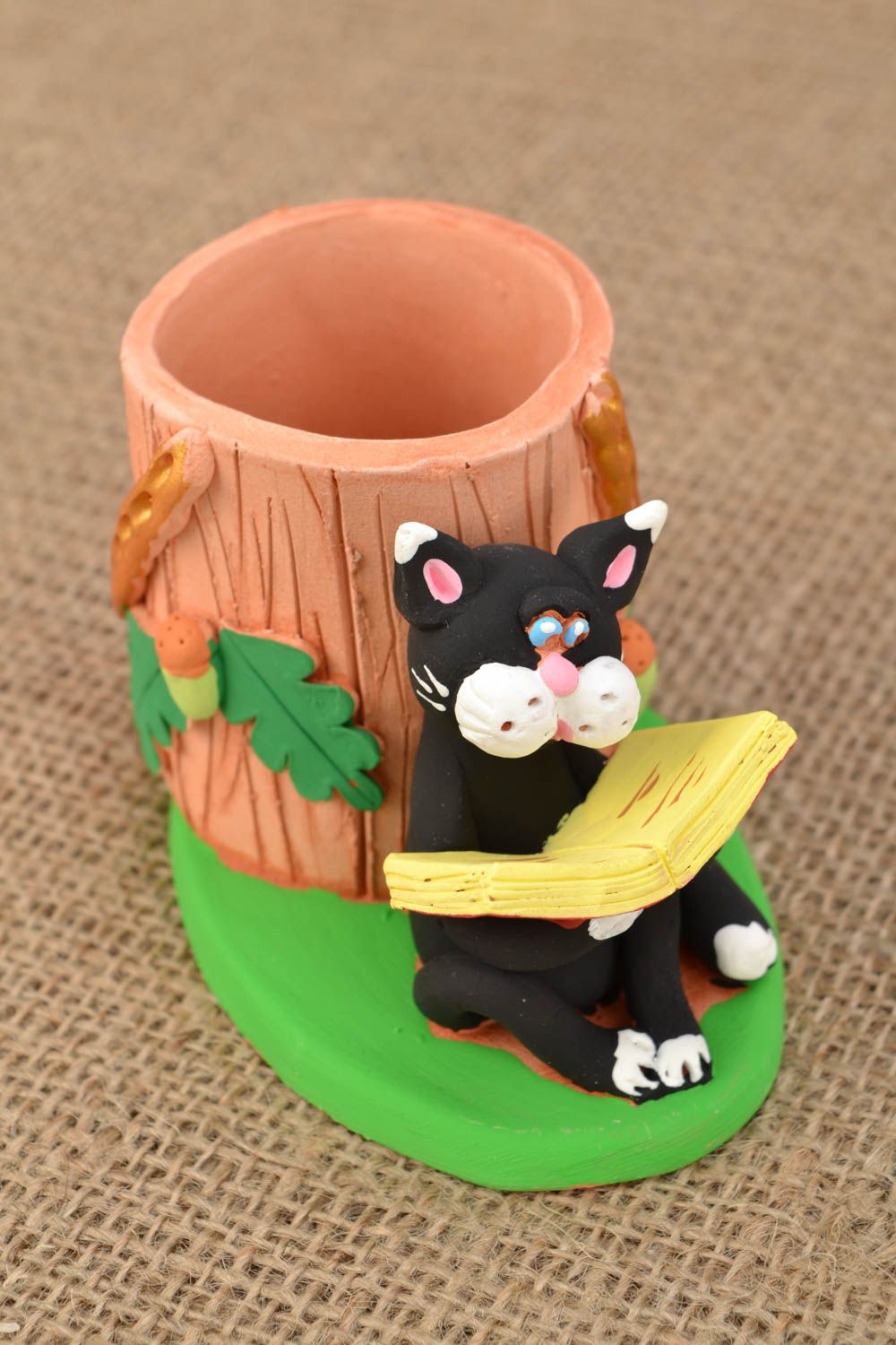 Porte-crayon en céramique fait main avec chat photo 1