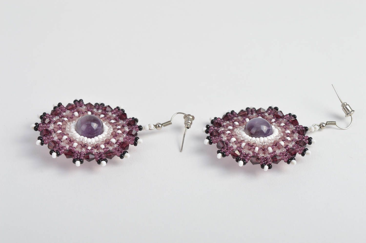 Handmade amethyst earrings unique designer beaded bijouterie present for woman photo 3