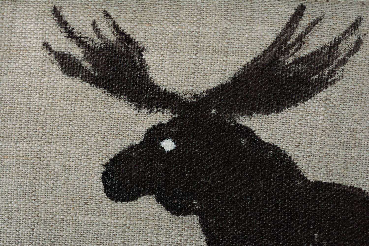 Handmade cosmetic bag sewn of gray linen fabric with zipper and elk image photo 4